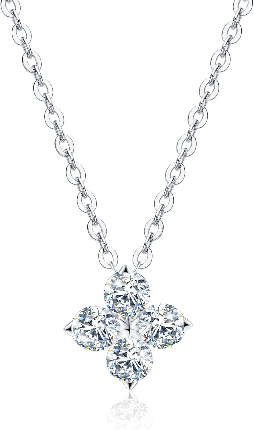 Eriya Moissanite Necklace for Women 925 Sterling Silver V-shaped/Four Leaf Clover Pendant Lab Created Imitation-diamond Necklaces with 18K White Gold Plating Jewelry