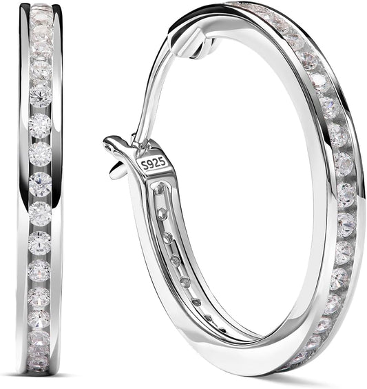 Color-D VVS1 Clarity Moissanite Sparkle Hoop Earrings for Women, Solid 925 Sterling Silver Rhodium Finish, Hypoallergenic Comfy Earrings, 15mm/20mm/30mm