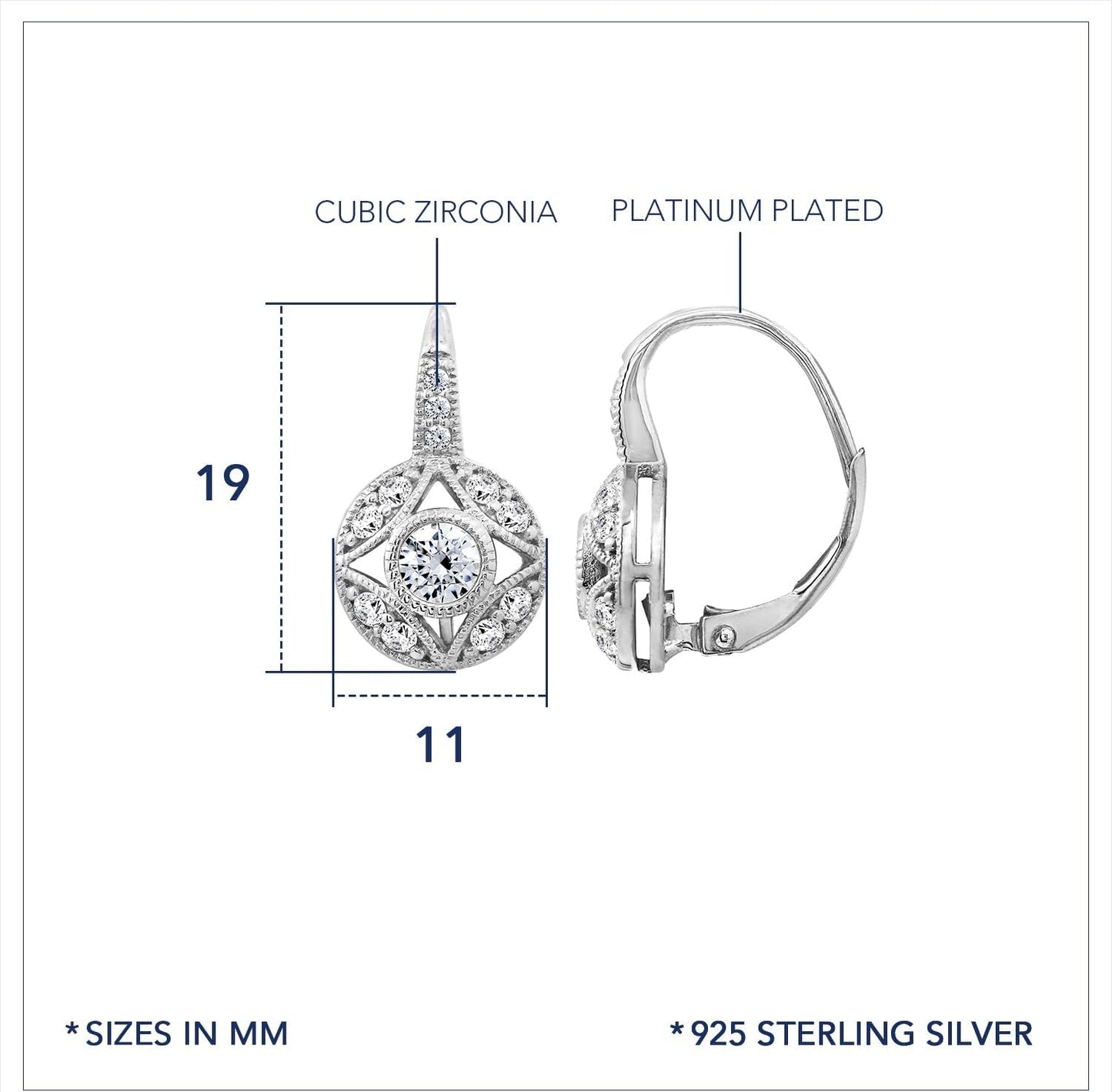 Eriya Vintage Earrings | Platinum Plated 925 Sterling Silver Leverback Antique Earrings for Women | 1 Carat Round Cut Cubic Zirconia CZ Moissanite