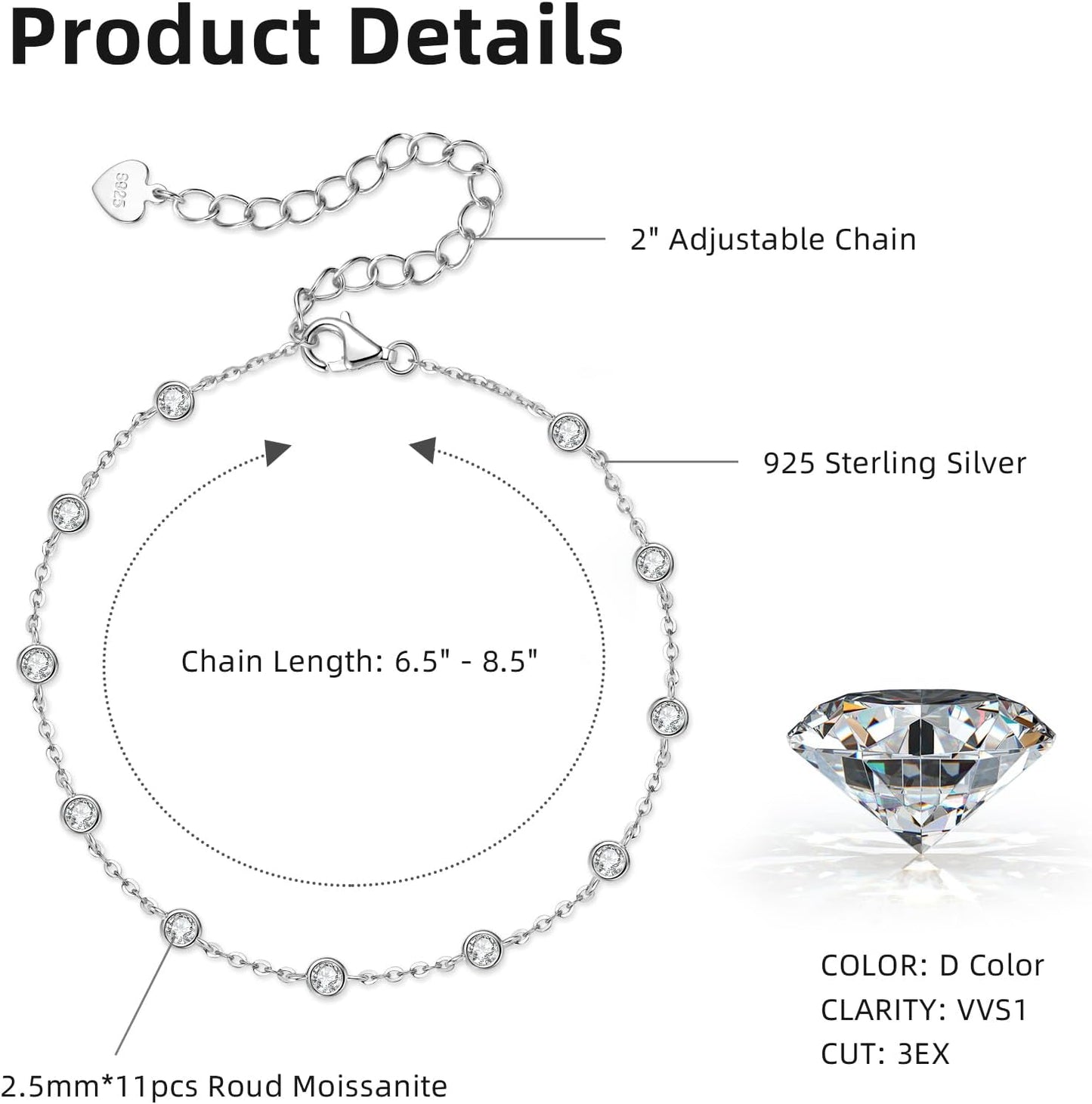 Moissanite Tennis Bracelet, 18K White Gold Plated Simulated Diamond Bracelets for Women, 925 Sterling Silver Wedding Stacking Bezel Set Classic Bracelets, D Color VVS1 Round Cut, GRA Certificate, 6.5+2 inch