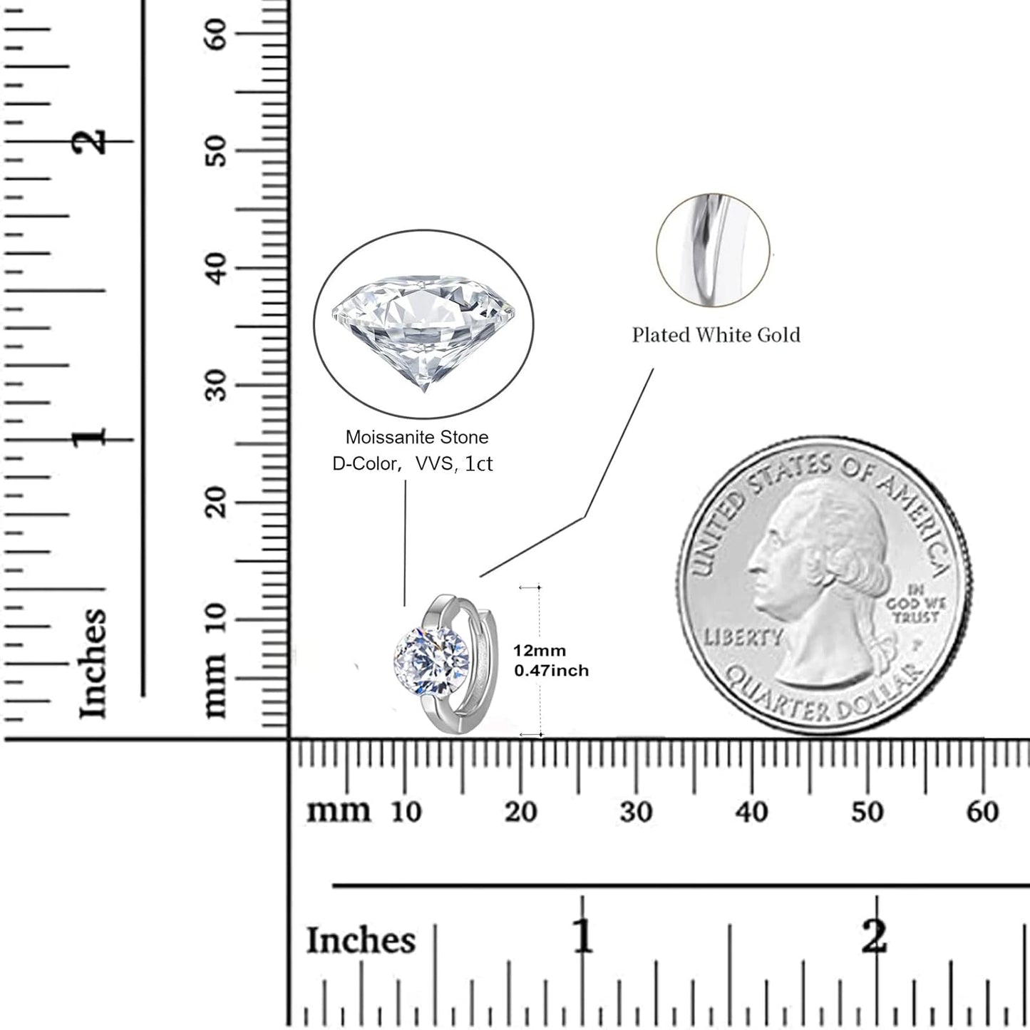 Moissanite Hoop Earrings, Moissanite Earring White Gold Plated Sterling Silver Huggie Hoop Earrings for Women Gift