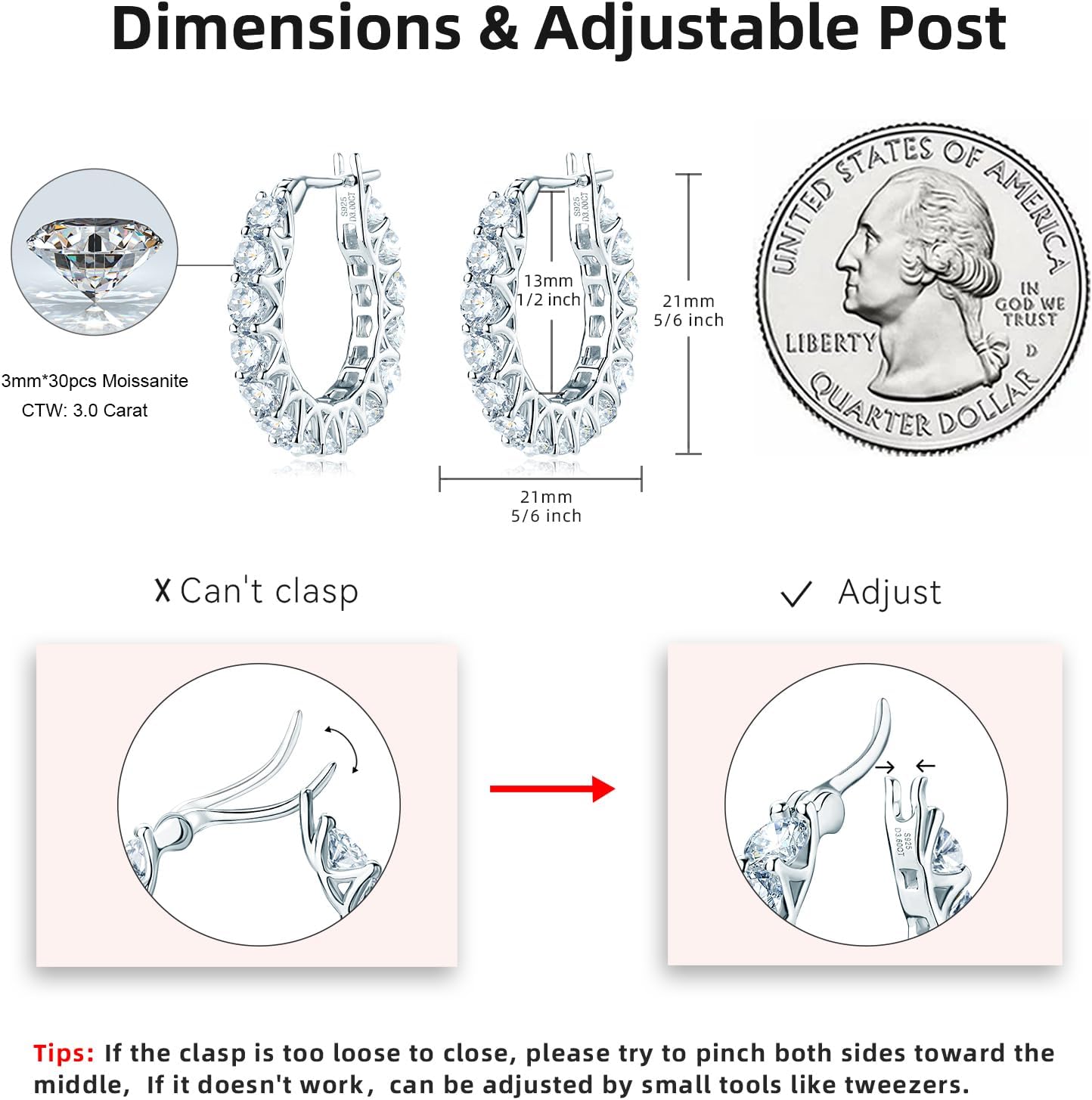 Eriya Women's Moissanite Hoop Earrings, D-E Color Moissanite Simulated Diamonds, 925 Sterling Silver, Hypoallergenic, Jewelry Box Packaging, Christmas New Year Jewelry Gift