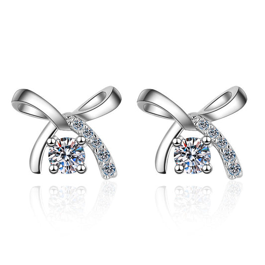 Eriya moissanite bow earrings 925 sterling silver plated four-claw earrings versatile style for school girls