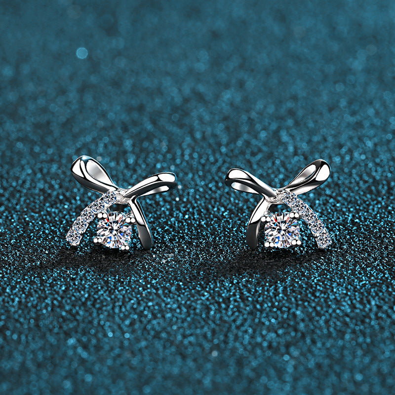 Eriya moissanite bow earrings 925 sterling silver plated four-claw earrings versatile style for school girls