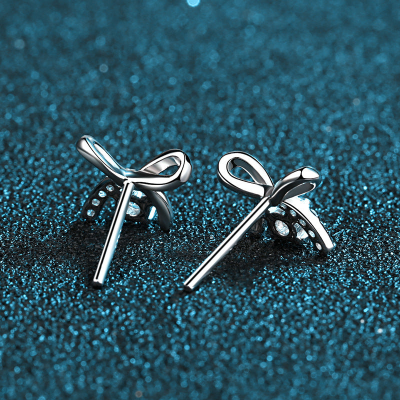 Eriya moissanite bow earrings 925 sterling silver plated four-claw earrings versatile style for school girls