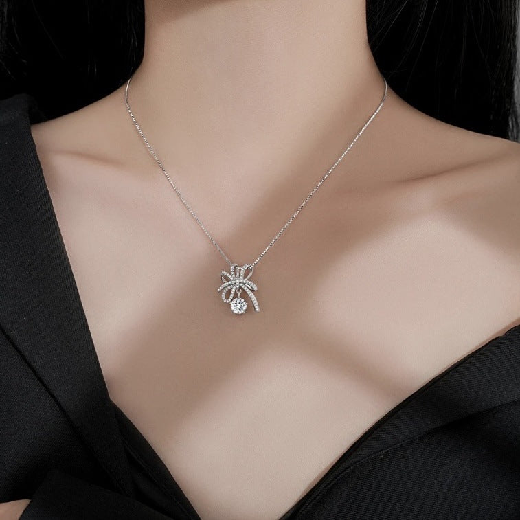 925 silver moissanite bow necklace light luxury temperament clavicle chain summer best-selling model